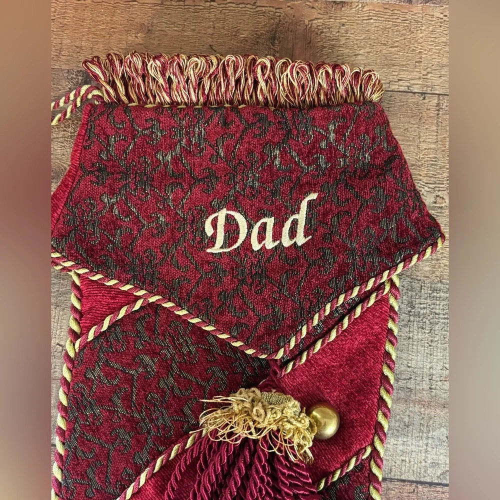 Pair Of Large Elegant Christmas Stockings Burgundy Gold Tassels Mom Dad Tapestry